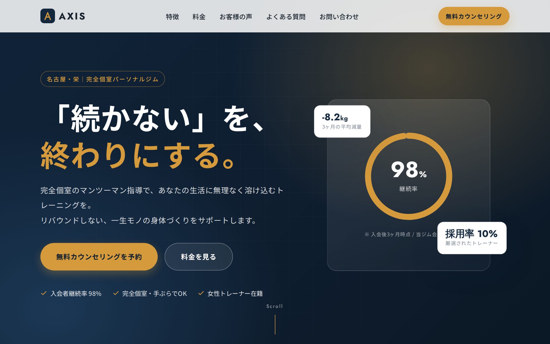 Personal Gym AXIS（架空）のトップページ。紺と金を基調としたランディングページ